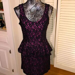 Black cotton lace Peplum Dress with berry pink poly lining by Heart ❤️ Soul